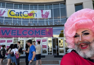 This image features a person with a bright pink wig, vibrant makeup, and a red outfit standing in front of an entrance to 'CatCon.' The venue is adorned with large banners reading 'WELCOME' and 'CatCon,' with additional colorful posters visible around the entrance. The event appears lively and fun, emphasizing a feline theme.