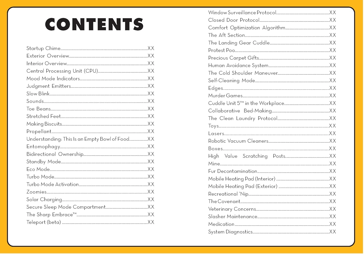 Book contents page showing humorous chapter titles like 'Startup Chime,' 'Turbo Mode,' 'The Cold Shoulder Maneuver,' 'Collaborative Bed-Making,' and 'Understanding: This Is an Empty Bowl of Food' in a technical manual style on yellow background