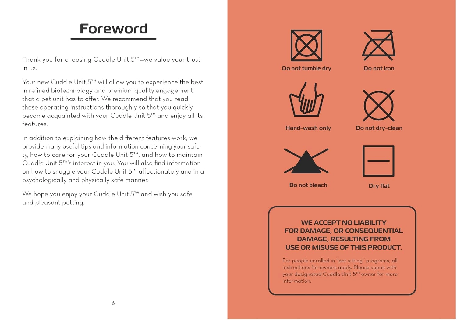Book foreword thanking readers for choosing Cuddle Unit 5, alongside care symbols page showing laundry-style icons for 'Do not tumble dry,' 'Hand-wash only,' 'Do not bleach,' and a warning about accepting no liability for damage