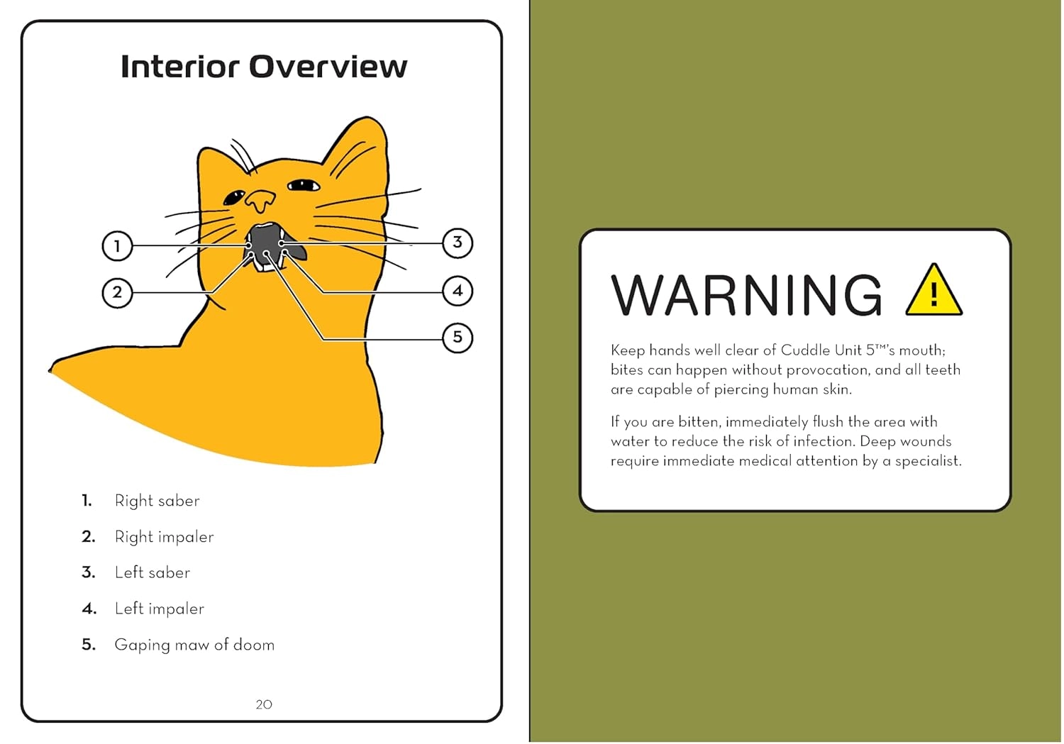 Book spread showing 'Interior Overview' diagram of orange cat's mouth with labeled parts like 'Right saber,' 'Gaping maw of doom,' alongside a safety warning about keeping hands clear of cat's mouth and bite risks