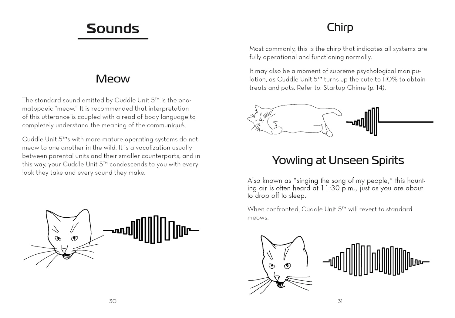 'Sounds' chapter pages explaining cat vocalizations including 'Meow,' 'Chirp,' and 'Yowling at Unseen Spirits' with illustrations of cats and sound wave graphics
